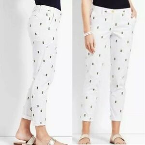 Talbots Women 16 White Pineapple Embroidered Relaxed Ankle Girlfriend Chino Pant